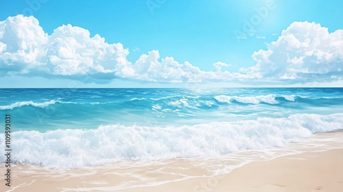 Ocean Waves Crashing on Sandy Beach Summer Seascape