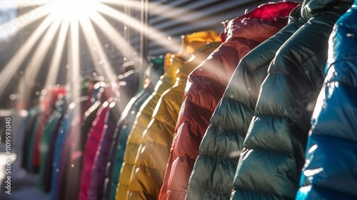 Close-up of a row of multicolored winter jackets in the sun