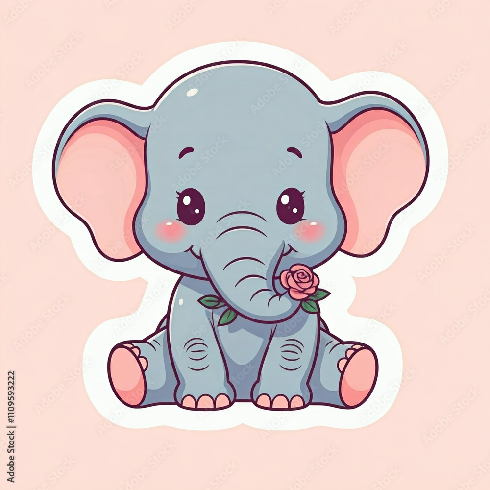 Obraz premium Chibi elephant with tiny feet and a wide smile, holding a flower in its trunk, designed like a fun sticker 