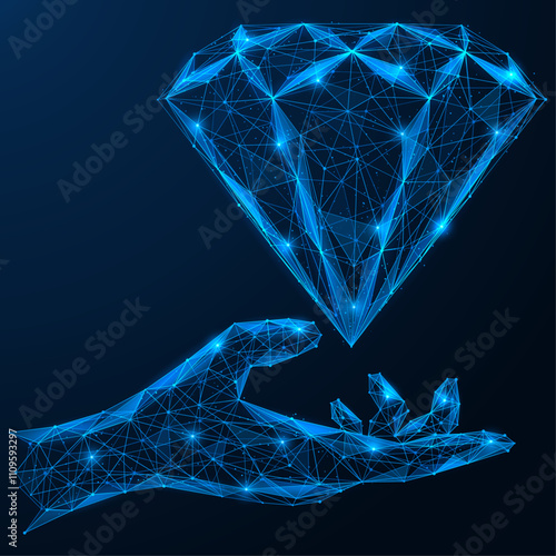 A magic diamond above the hand. Polygonal design of lines and dots. Blue background.