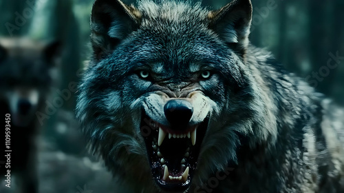 An intense close-up of a wolf baring its fangs, its piercing eyes glaring fiercely, with fur detail captured in a cold, atmospheric environment.

 photo