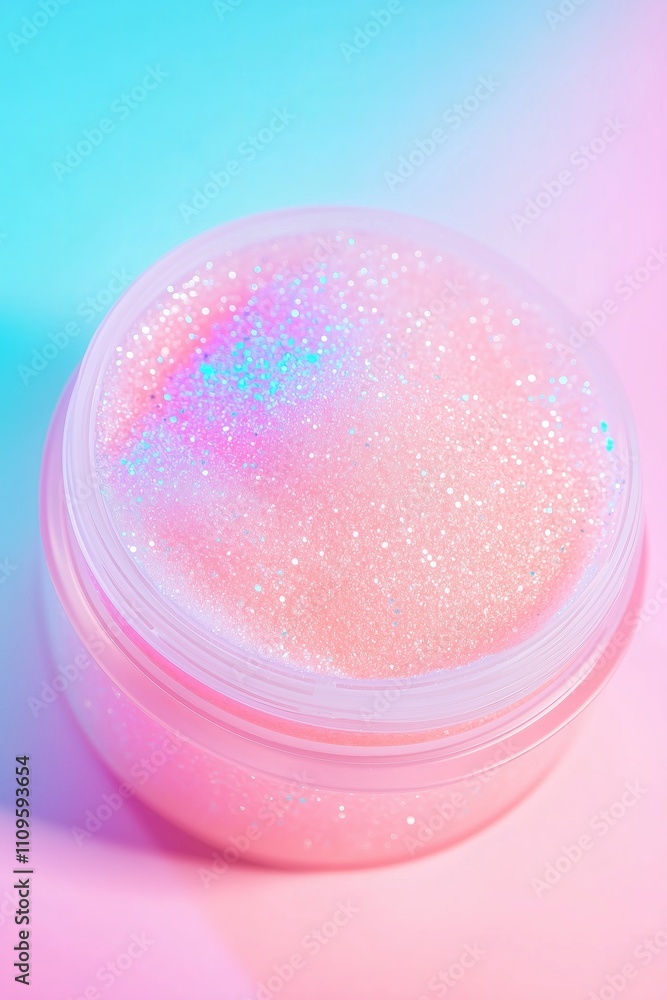 vibrant holographic open body scrub container full of pink bodyscrub suspended on a vibrant gradient background vibrant holographic open body scrub container full of pink bodyscrub suspended on a vibrant gradient background