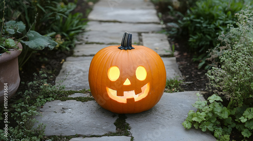 A cheerful jack-o'-lantern with glowing eyes and smile, placed along a stone pathway surrounded by greenery in a peaceful setting.

 photo