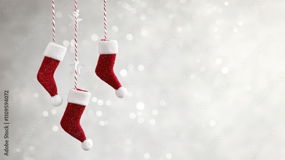 Christmas nursery decor concepts. Hanging red Christmas stockings with white trim against a soft bokeh background. Christmas nursery decor concepts. Hanging red Christmas stockings with white trim against a soft bokeh background.