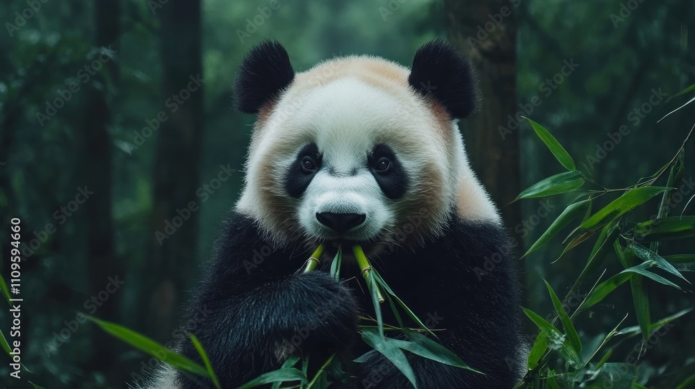 Fototapeta premium Close-up of a Panda Eating Bamboo in a Lush Forest