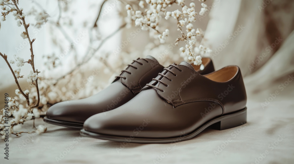 Naklejka premium Elegant Brown Leather Shoes with Delicate Floral Arrangement