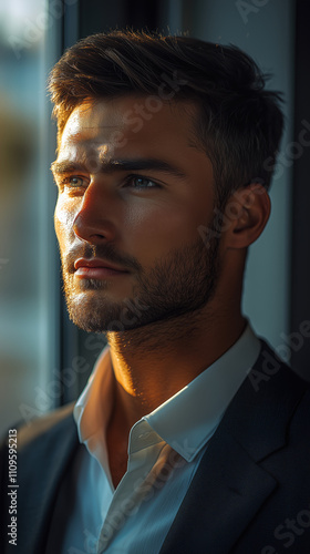 A young man with a well-groomed beard and sharp features looks contemplatively out of a window. Soft light highlights his face, creating a serene atmosphere.