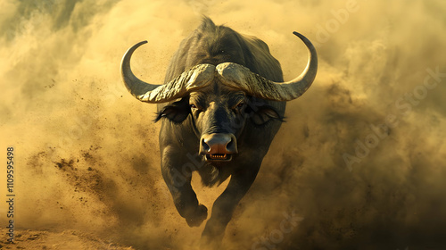 A dusty buffalo in mid-charge, its horns raised and eyes intense, surrounded by swirling particles, exuding a sense of wild dominance and power.

