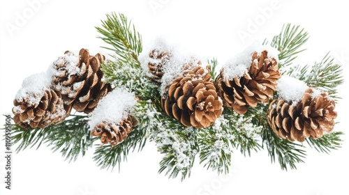 Beautiful Snow-Covered Pine Cones and Green Pine Needles on a White Background Perfect for Winter Nature and Holiday-Themed Illustrations or Decorations