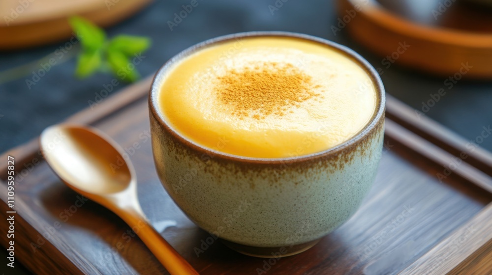 a luxurious Vietnamese egg coffee with a creamy top layer, served in a rustic ceramic bowl a luxurious Vietnamese egg coffee with a creamy top layer, served in a rustic ceramic bowl