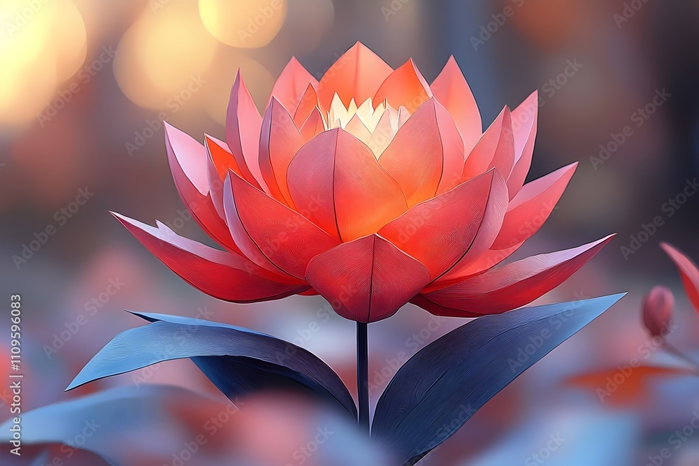 A stunning red lotus flower blossoms amidst a softly blurred background, radiating warm hues of orange and pink, embodying tranquility and natural beauty. A stunning red lotus flower blossoms amidst a softly blurred background, radiating warm hues of orange and pink, embodying tranquility and natural beauty.