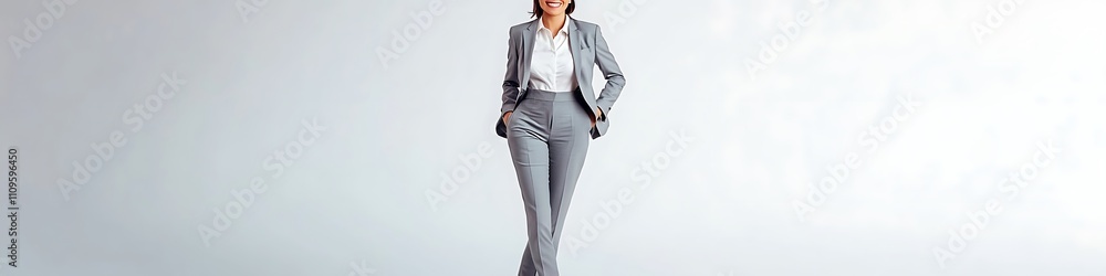 Portrait of a businesswoman in a grey suit and white shirt, high heels, smiling, standing on a light background with hands in pockets. 32k, full ultra hd, high resolution Portrait of a businesswoman in a grey suit and white shirt, high heels, smiling, standing on a light background with hands in pockets. 32k, full ultra hd, high resolution