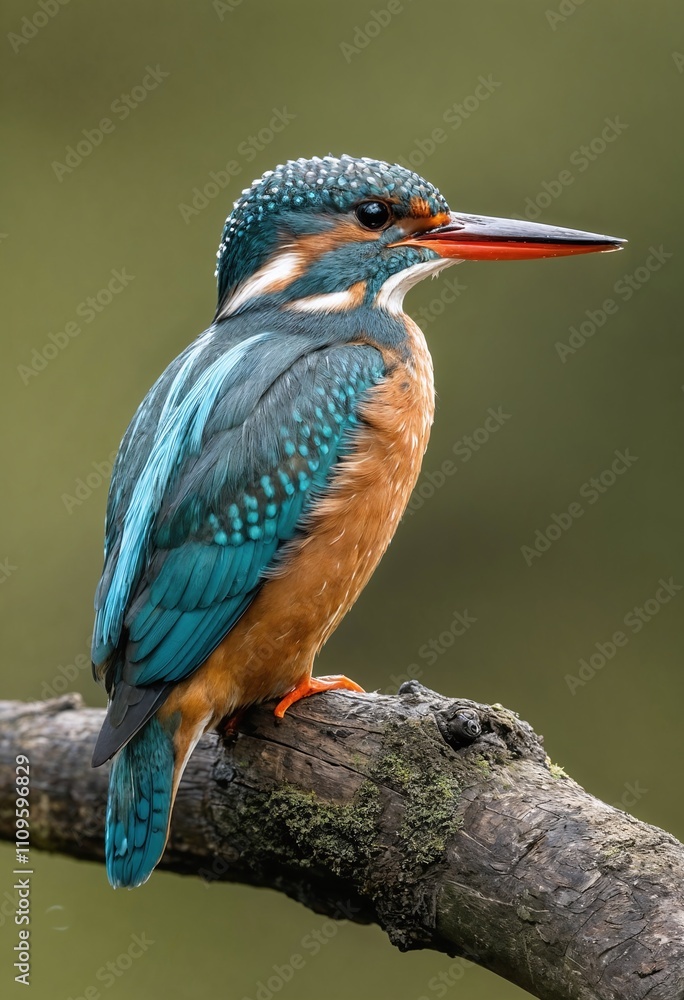 Vibrant kingfisher perched on a branch with shimmering blue and orange plumage against a blurred green background.