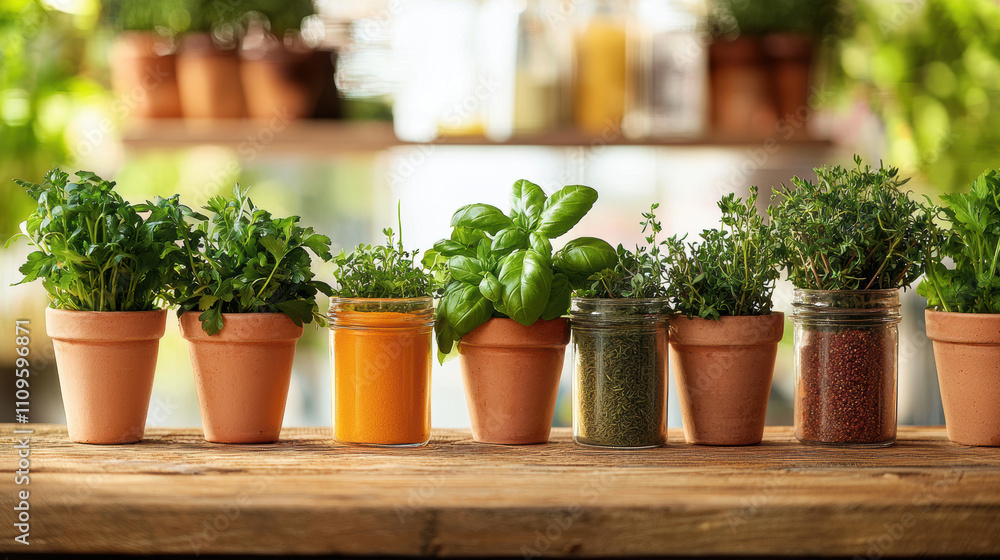 Fresh herbs in terracotta pots on rustic wooden table create vibrant kitchen atmosphere. arrangement includes basil, thyme, and other herbs, enhancing culinary creativity Fresh herbs in terracotta pots on rustic wooden table create vibrant kitchen atmosphere. arrangement includes basil, thyme, and other herbs, enhancing culinary creativity