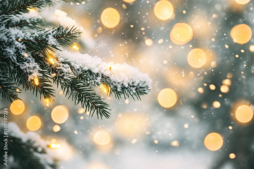 A close-up of snow-dusted evergreen branches with warm golden lights A close-up of snow-dusted evergreen branches with warm golden lights