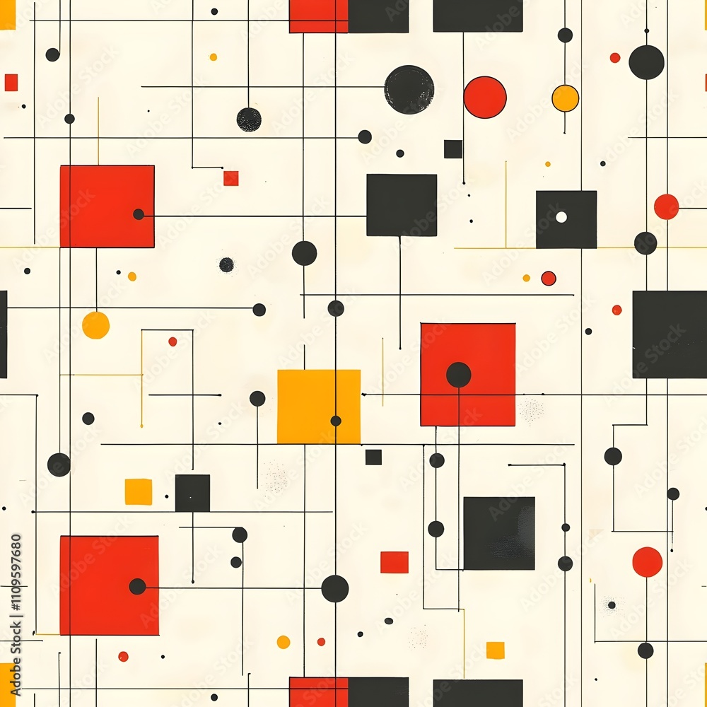 Geometric pattern with black, red, yellow, and white shapes, creating a modern and abstract design ideal for backgrounds and textiles.