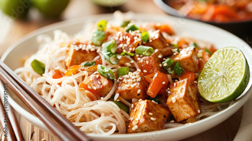 delicious gluten free Asian inspired dish featuring rice noodles, tofu, and fresh vegetables, garnished with sesame seeds and lime. Perfect for healthy meal!