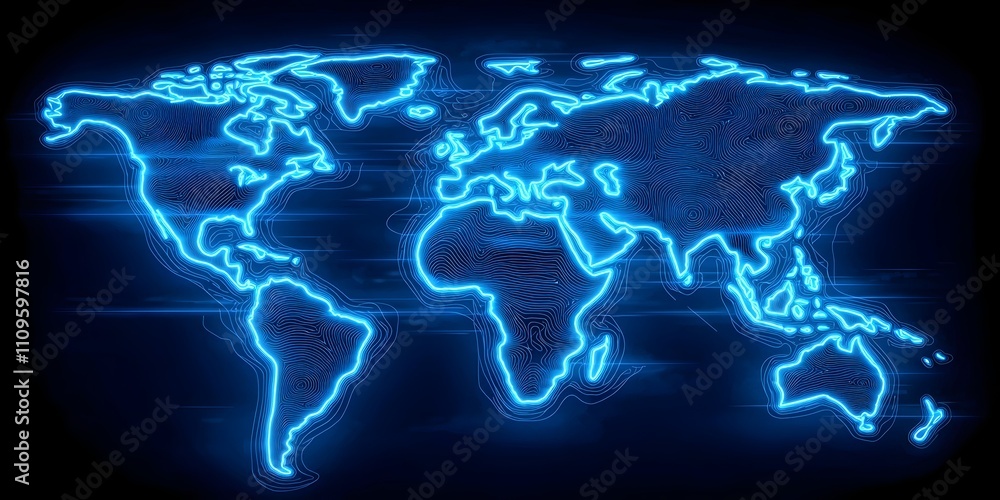 A glowing blue neon world map with intricate line patterns highlighting continents, creating a modern and high-tech atmosphere against a dark background. A glowing blue neon world map with intricate line patterns highlighting continents, creating a modern and high-tech atmosphere against a dark background.