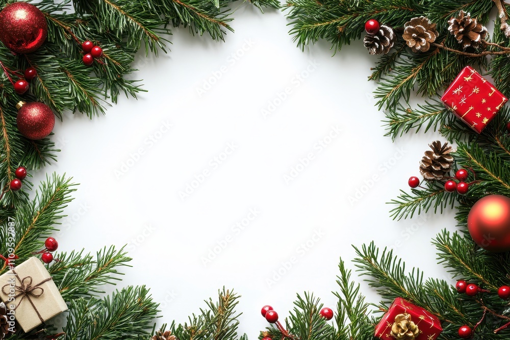A festive garland of evergreen branches frame decorated with small gifts, ornaments and berries A festive garland of evergreen branches frame decorated with small gifts, ornaments and berries