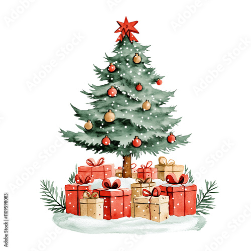 Christmas tree decorated with balloons and a star, with gifts, a watercolor clipart. transparent background, png. kids illustration.