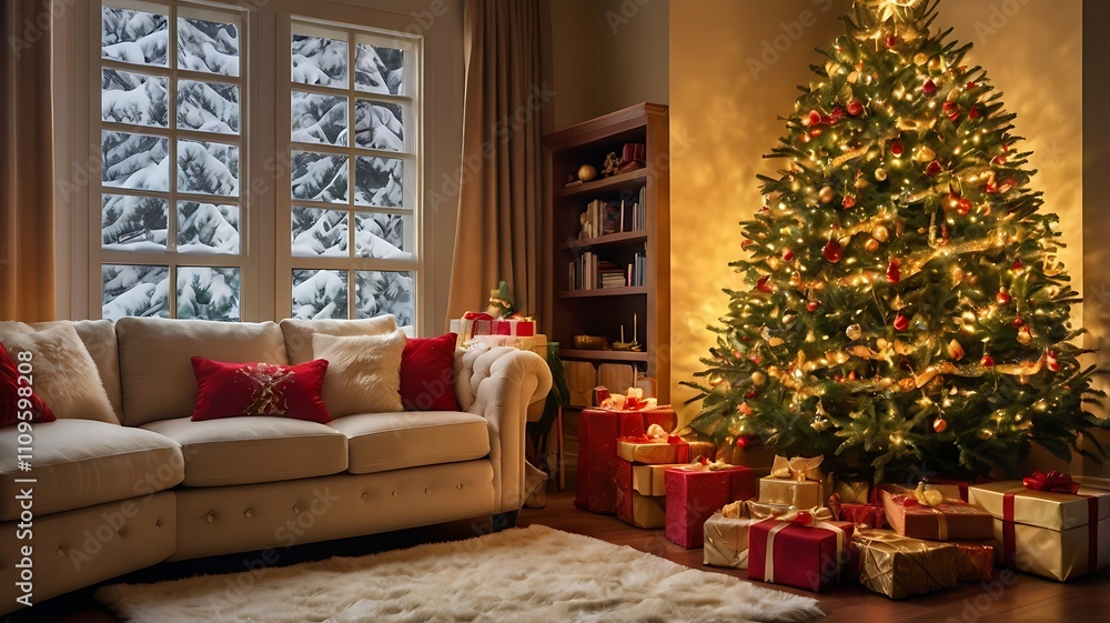Fototapeta premium Classic Christmas Eve with Tree, Gifts, and Cozy Armchair