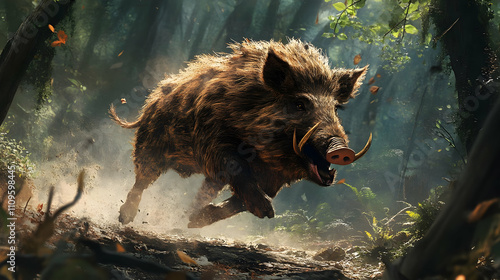 Running wild boar in a forest clearing.
