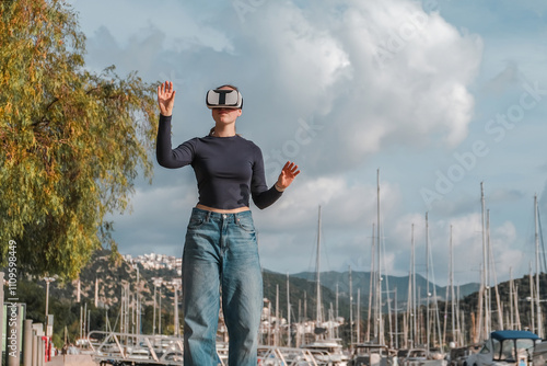 woman exploring a city in virtual reality, wearing VR goggles and carrying a suitcase, blending technology with the travel experience. The concept of VR travel and digital nomad lifestyle  photo