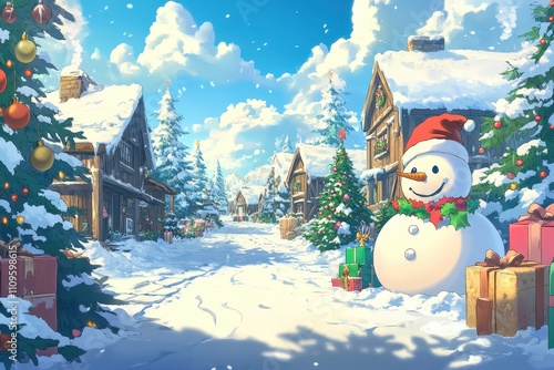 Charming Snowman in Festive Winter Wonderland With Snowy Christmas Village photo