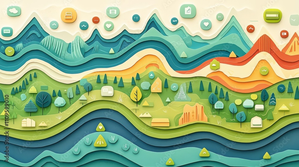 Colorful landscape with layered hills and trees. Colorful landscape with layered hills and trees.