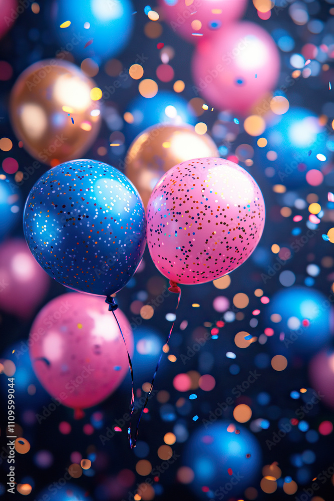 Festive party background or birthday party with neon lights, colorful balloons, confetti, festive atmosphere. Festive party background or birthday party with neon lights, colorful balloons, confetti, festive atmosphere.