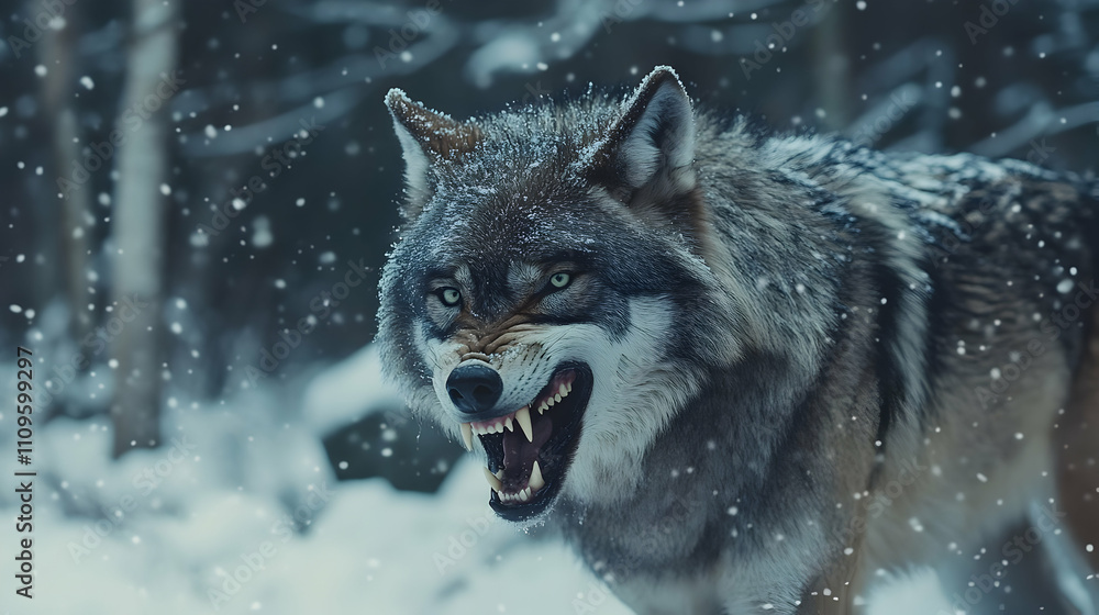 A wolf baring its teeth in the snow, its icy stare and aggressive stance exuding power and dominance in its natural habitat.
A wolf baring its teeth in the snow, its icy stare and aggressive stance exuding power and dominance in its natural habitat.