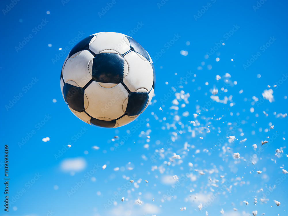 Naklejka premium A soccer ball soars through the air with a clear blue sky in the background