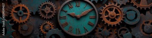 Rusty clock surrounded by aged gears on a dark background captures a vintage mechanical aesthetic,perfect for cover banner or header