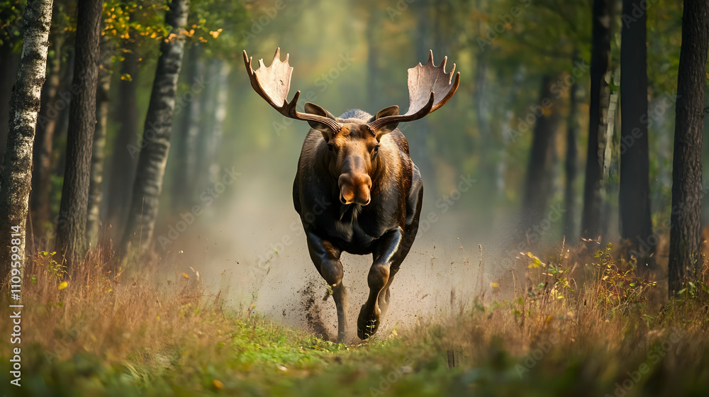 A moose running through a grassy forest trail, with its massive antlers and powerful build highlighting its natural strength and agility.

