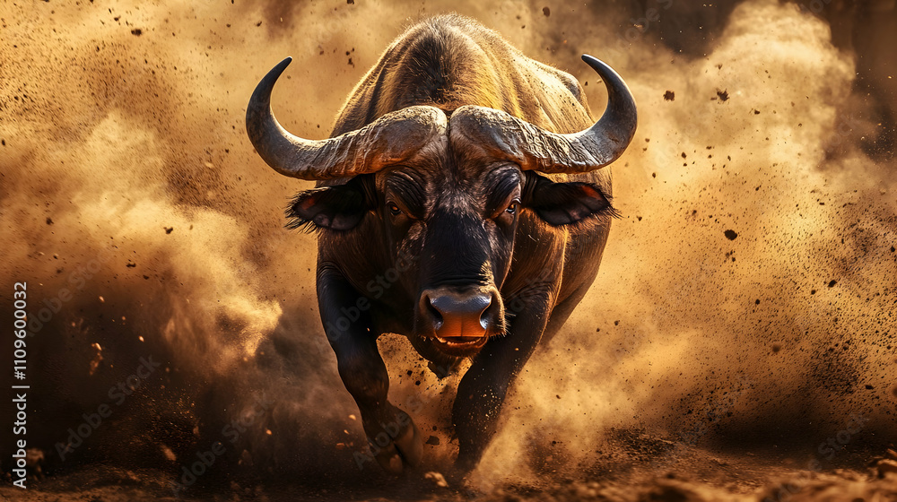 A powerful African buffalo charging forward, set against a dramatic, dust-filled backdrop, its intense glare symbolizing untamed wilderness.
A powerful African buffalo charging forward, set against a dramatic, dust-filled backdrop, its intense glare symbolizing untamed wilderness.