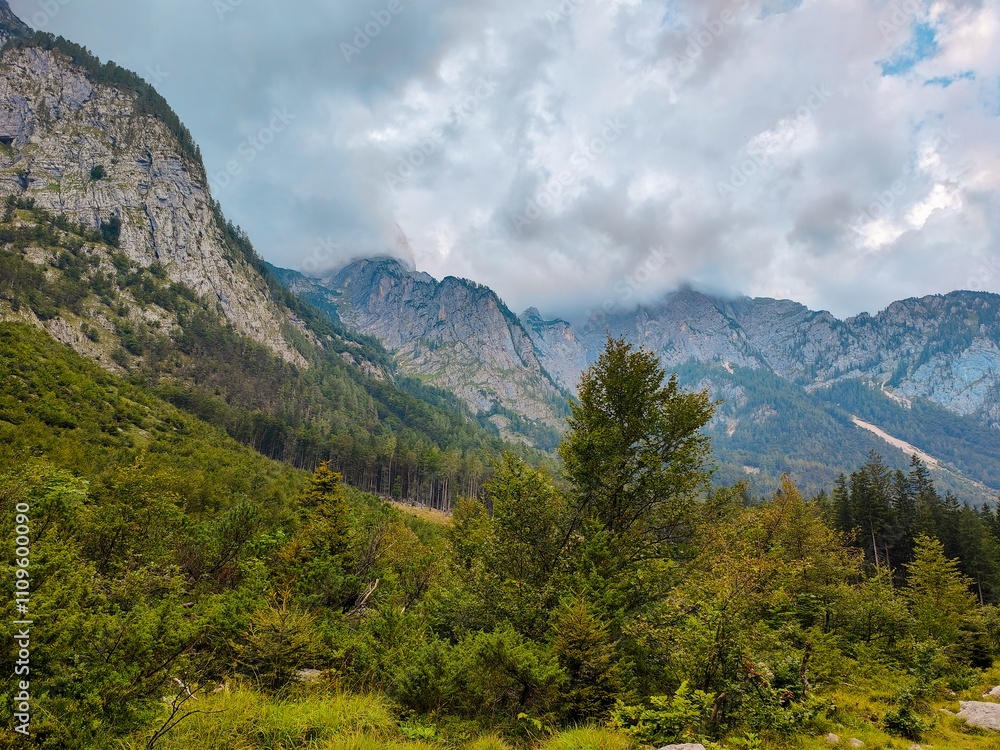 Fototapeta premium The hiking trail to the peak in Triglav national park, Slovenia