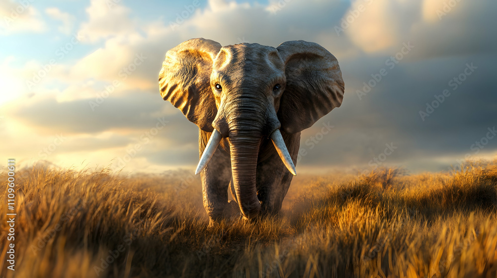 Fototapeta premium An elephant standing tall on a grassy plain, its tusks sharp and its stance majestic, reflecting calm strength in the wild.