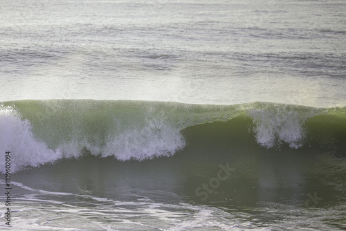 A peaceful ocean wave caught mid-break, showcasing the serene motion of water. Perfect for coastal vibes, relaxation themes, or marine and beach-related designs
 photo