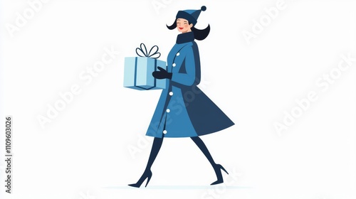 Woman in blue coat carrying a gift box.