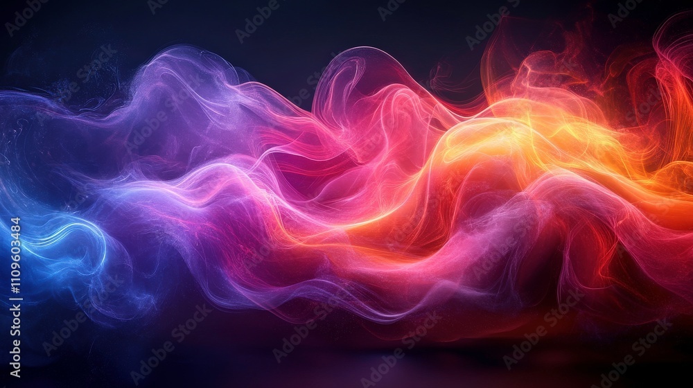 Vibrant Colorful Smoke Waves in Dark Background, Artistic Abstract Design with Flowing Lines of Purple, Pink, Orange, and Blue, Ideal for Modern Art and Technology Themes Vibrant Colorful Smoke Waves in Dark Background, Artistic Abstract Design with Flowing Lines of Purple, Pink, Orange, and Blue, Ideal for Modern Art and Technology Themes