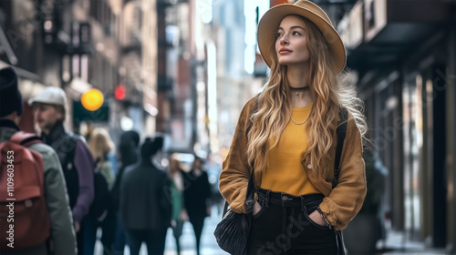 Urban boho fashion portrait of a stylish woman in a hat on Manhattan street. 