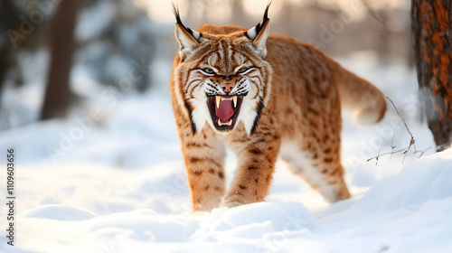 A roaring lynx in deep snow, its fur glinting in the cold light and sharp fangs exposed, symbolizing survival and wild aggression. photo