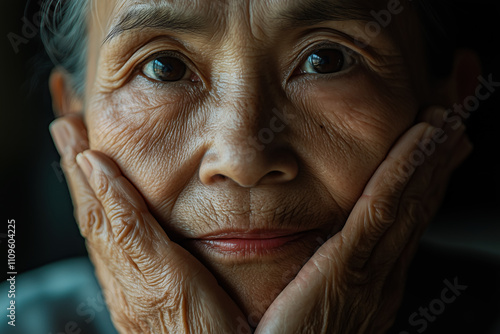 A mature woman rests her chin on her hands, gazing thoughtfully. Natural light highlights her facial features and deep lines, evoking a sense of wisdom and experience.