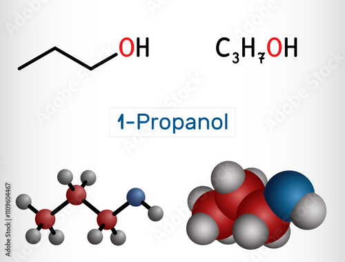 1-Propanol molecule. Structural and molecular models of Propyl alcohol C3H8O. Vector photo