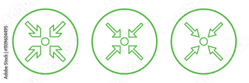 minimize icon rally compact size small scale arrow icons . shrink icon resize - four 4 arrows meeting point. Gathering Point icon signs for people to meet in a safe place during emergency. Vector 