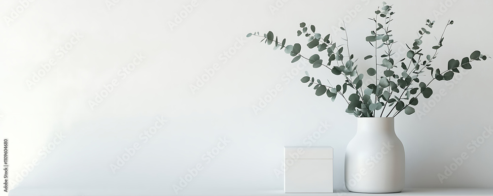 Minimalist still life with a white vase of eucalyptus branches and two white boxes against a plain light background, evoking a sense of calm, simplicity, and modern decor. Concept of minimalism. Minimalist still life with a white vase of eucalyptus branches and two white boxes against a plain light background, evoking a sense of calm, simplicity, and modern decor. Concept of minimalism.
