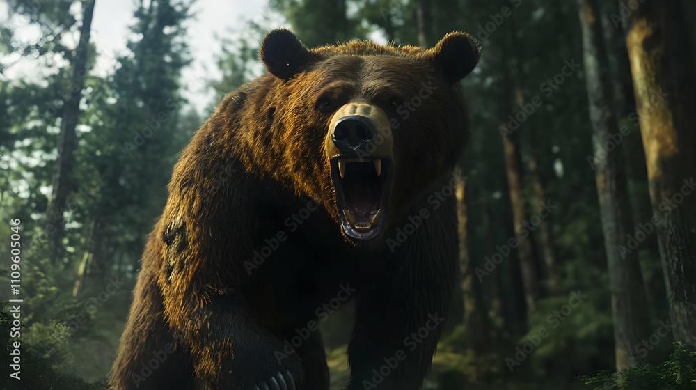 Fototapeta premium A growling bear in a foggy forest, exuding aggression and dominance.