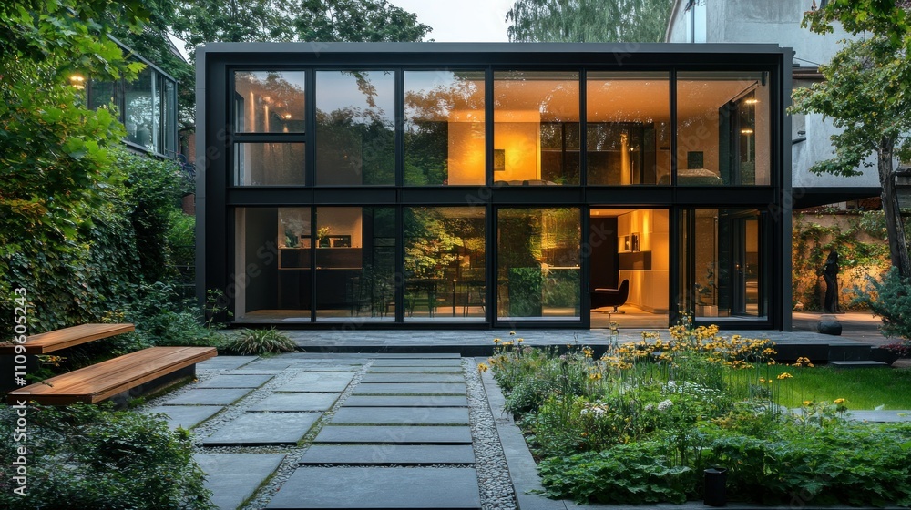 Minimalist style house with large glass windows, in a busy urban area, The front yard has a green garden, background wallpaper AI generated image Minimalist style house with large glass windows, in a busy urban area, The front yard has a green garden, background wallpaper AI generated image