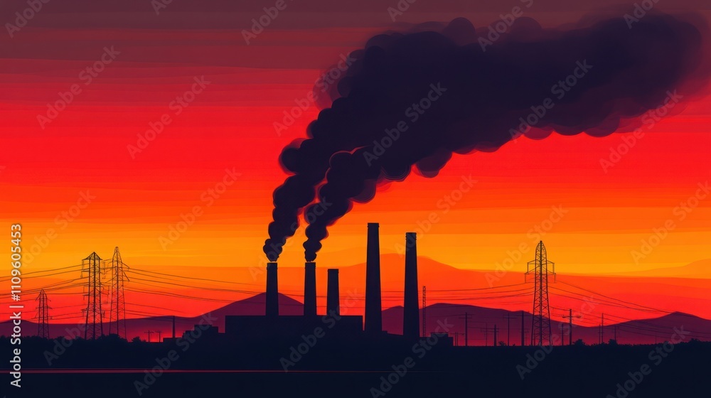 Industrial Landscape at Sunset with Smoke Emitting from Factory Stacks and Power Lines Against a Colorful Sky Industrial Landscape at Sunset with Smoke Emitting from Factory Stacks and Power Lines Against a Colorful Sky