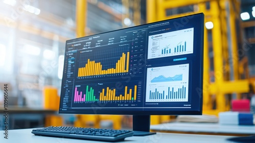 A sleek monitor displays colorful data visualizations in a warehouse setting, highlighting statistical analysis and performance metrics.